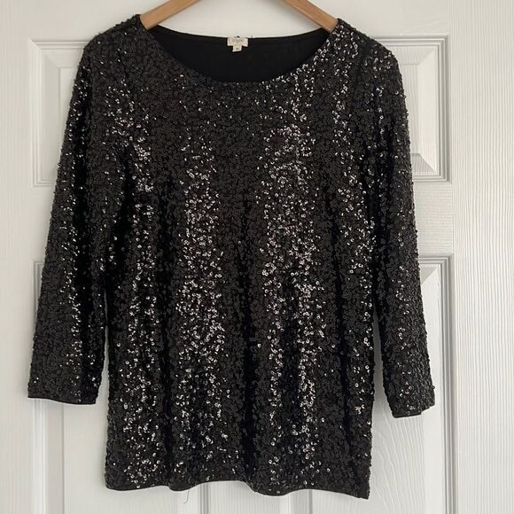 J. Crew black cotton with sequins 3/4 sleeves top Sz Medium - Picture 1 of 10